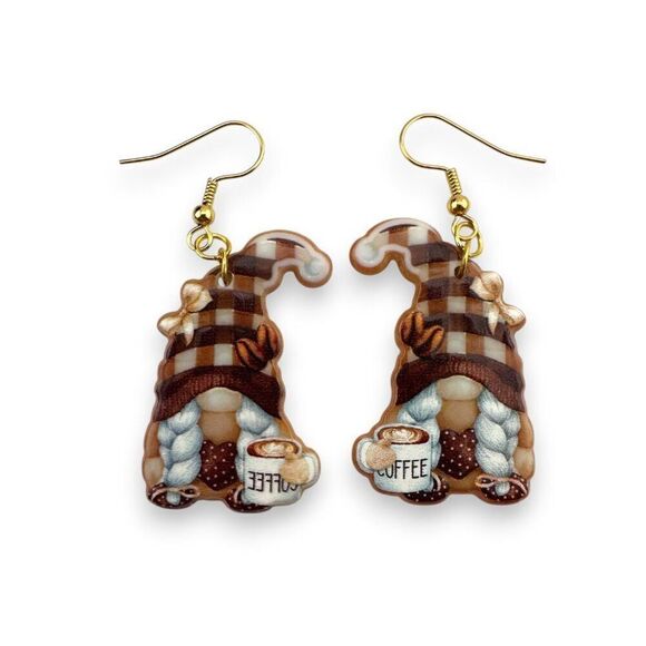 Coffee Break Gnome Earrings Gold Plated Earwires - Picture 4 of 8